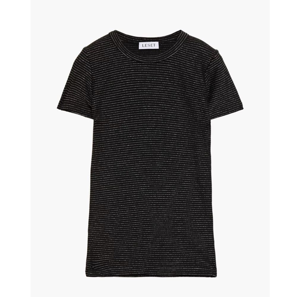 LESET Metallic Stripe Jersey Tee Black Silver Stripe Small